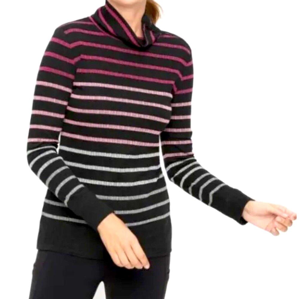Talbots Black Ombré Striped button detail mock neck long sleeve Medium Petite